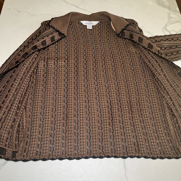 Ming Wang Sweater Cardigan Brown Black Open Front Metallic Thread Sz S Career - Picture 9 of 12